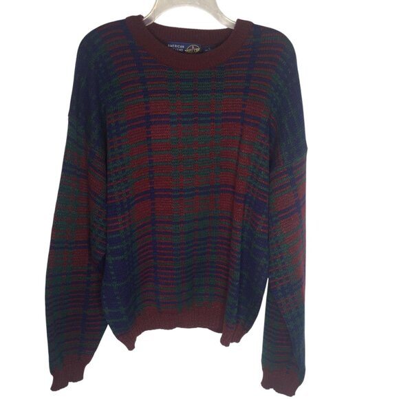 Vintage American Weekend Grandpa Sweater Cosby Mens Large Plaid Pullover 90s - Picture 1 of 12